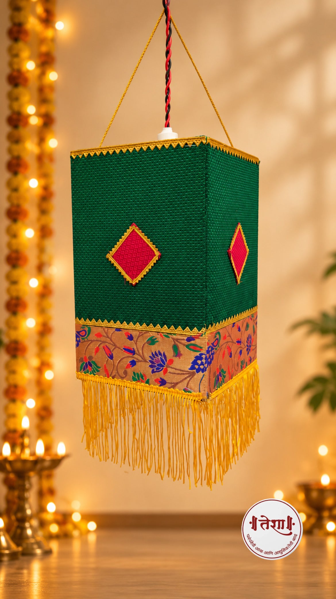 Eco friendly Green Khan-Paithani Foldable Akashkandil