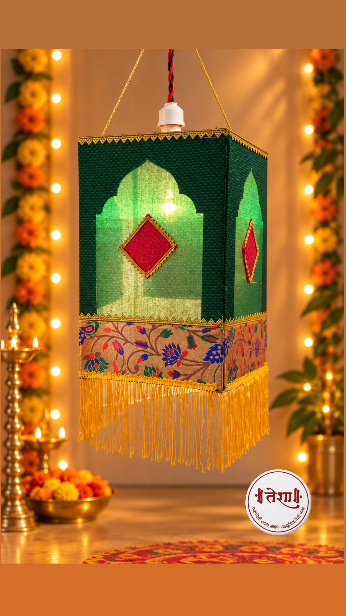 Eco friendly Green Khan-Paithani Foldable Akashkandil