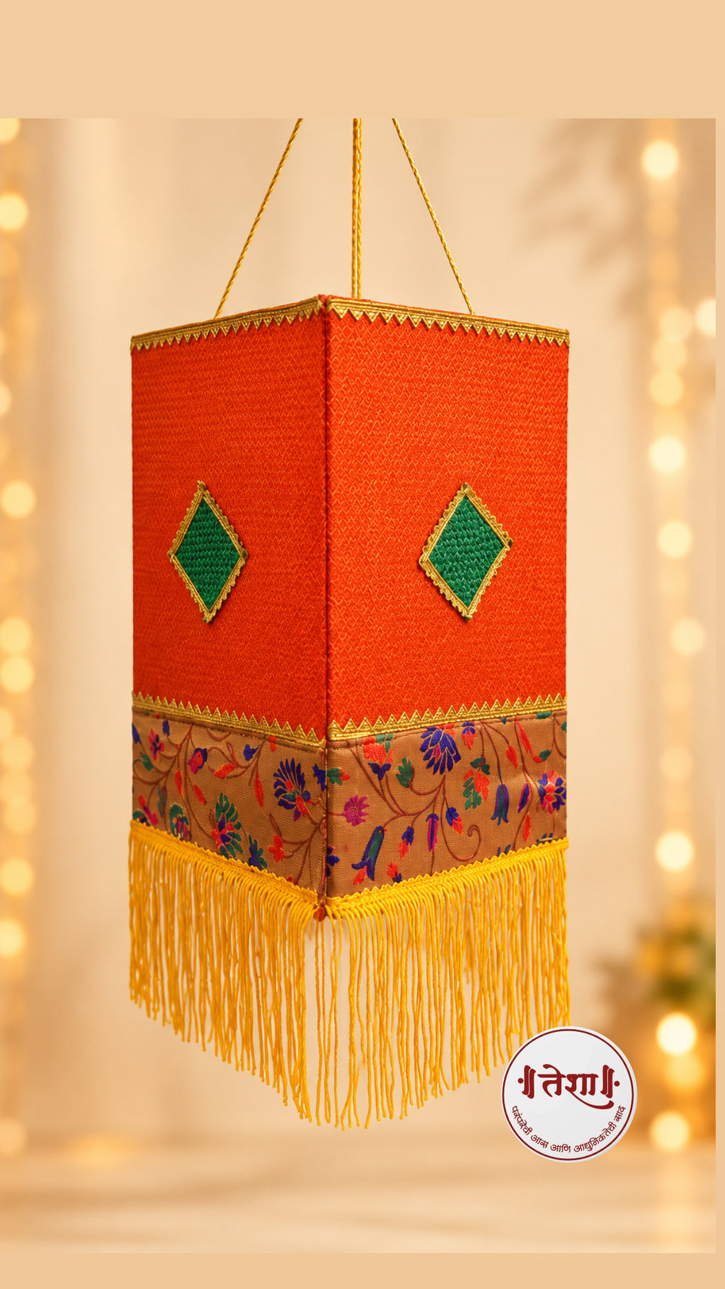 Eco friendly Orange Khan Paithani Foldable Akashkandil