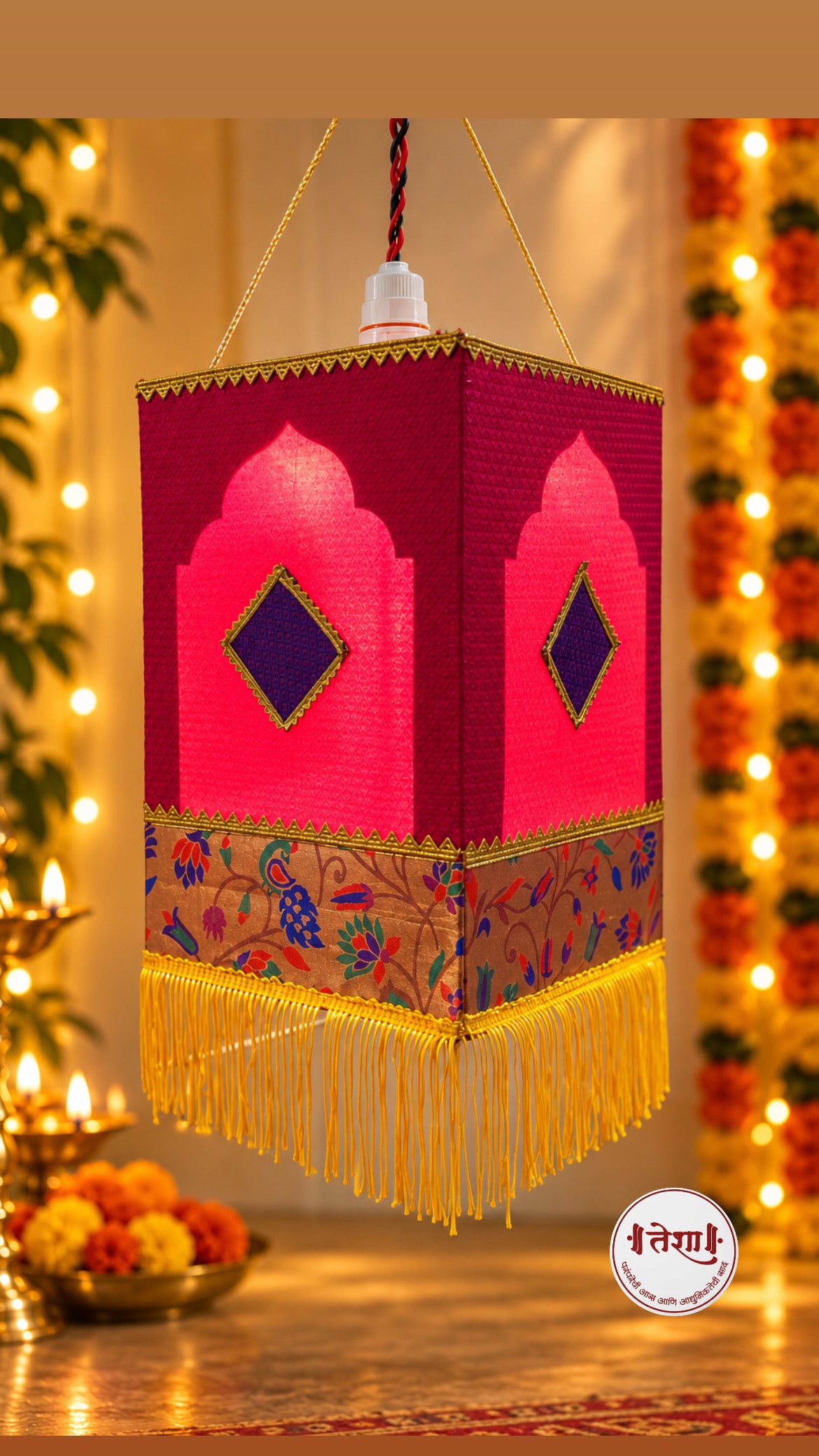 Eco friendly Pink Khan Paithani Foldable Akashkandil