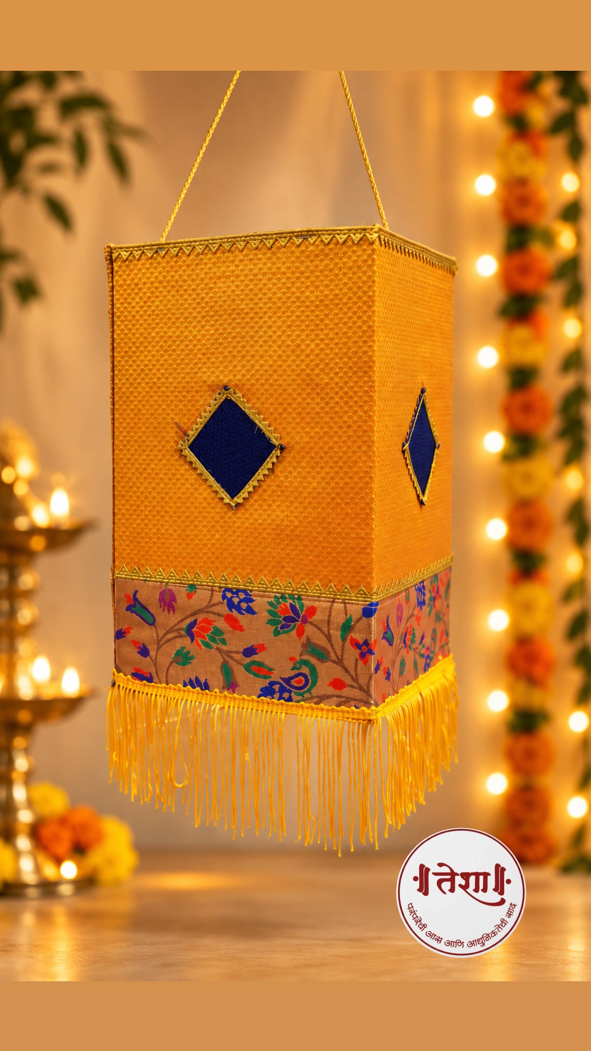 Eco friendly Yellow Khan Paithani Foldable Akashkandil