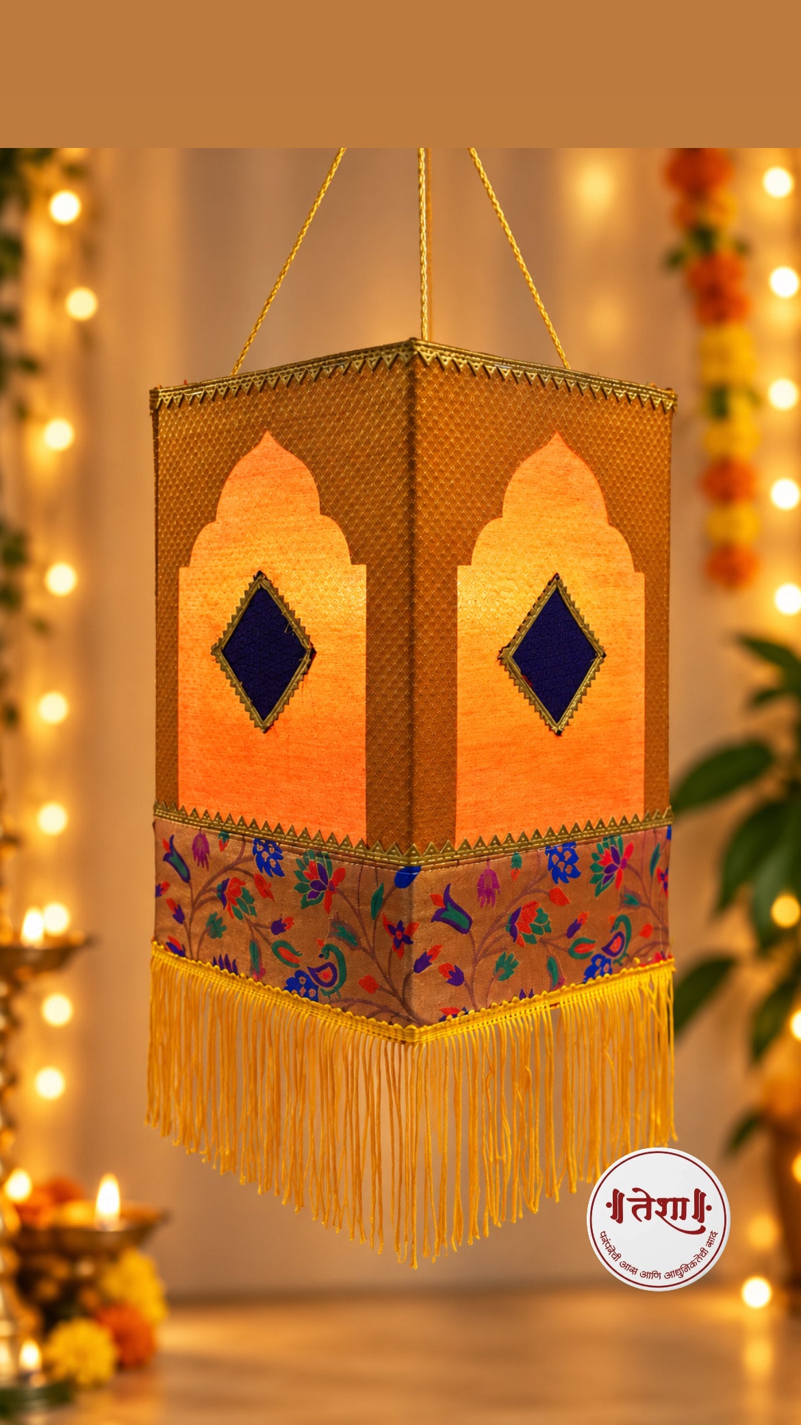 Eco friendly Yellow Khan Paithani Foldable Akashkandil